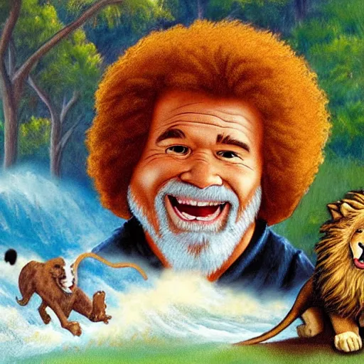 Image similar to screaming bob ross chasing a lion