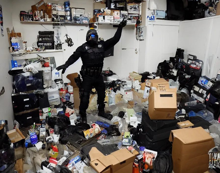 Image similar to Alex Jones in his garage office inventing conspiracy theories, surrounded by boxes of herbal supplements and trash and TVs, a group of SWAT police kicking in the door, tear gas and smoke, alex jones fighting police, detailed photograph high quality