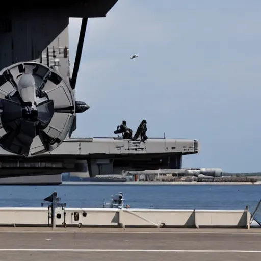 Prompt: a tie fighter lands on a usa aircraft carrier