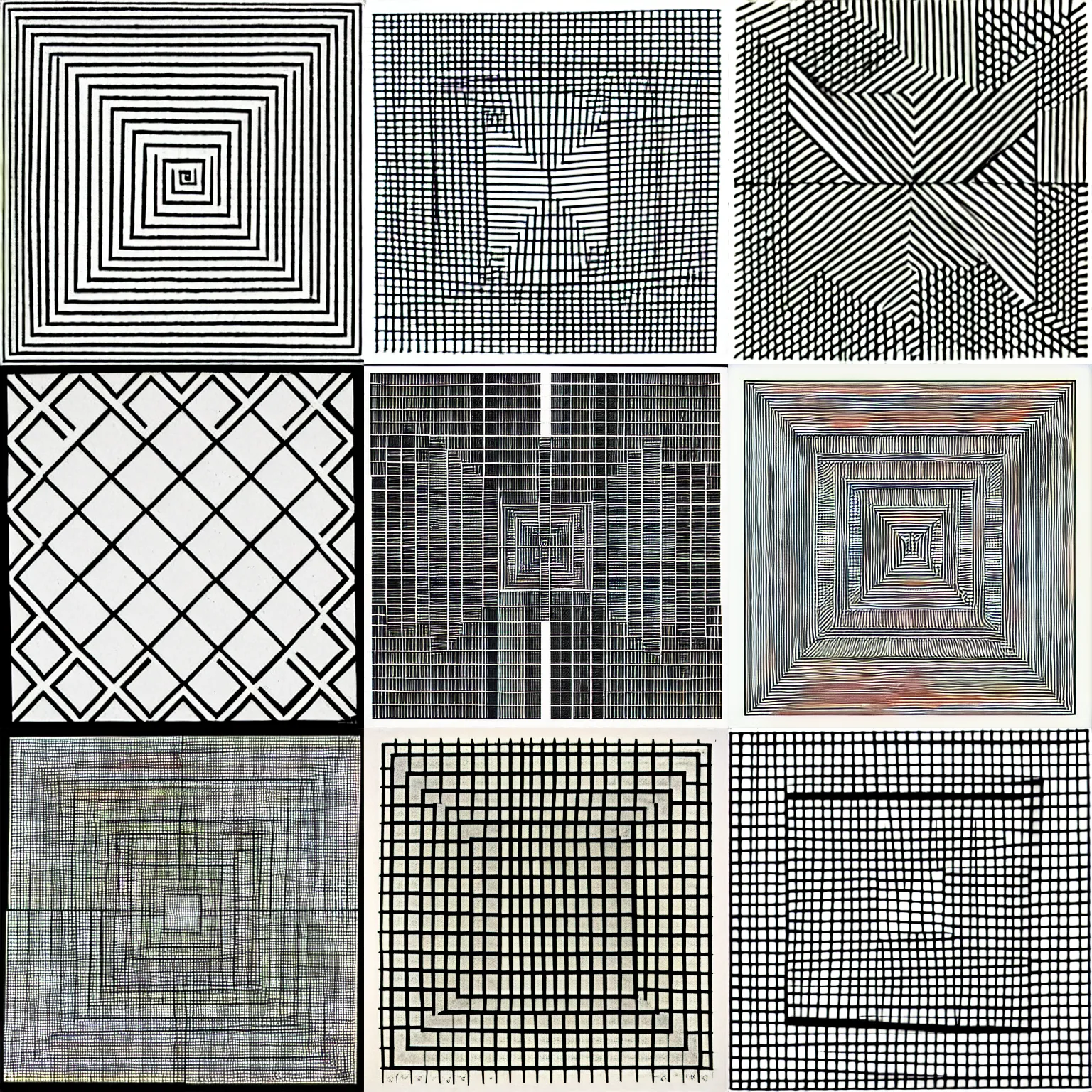 Prompt: an abstract picture a 64 squares arranged in a 8x8 grid, hundreds of pencil lines, Sol LeWitt, black and white