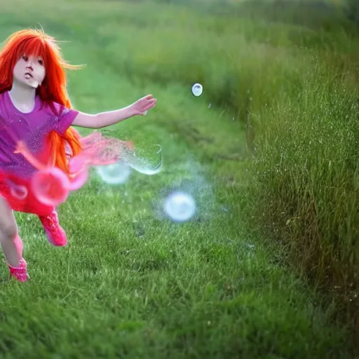 Prompt: red haired anime girl chasing bubbles through a field