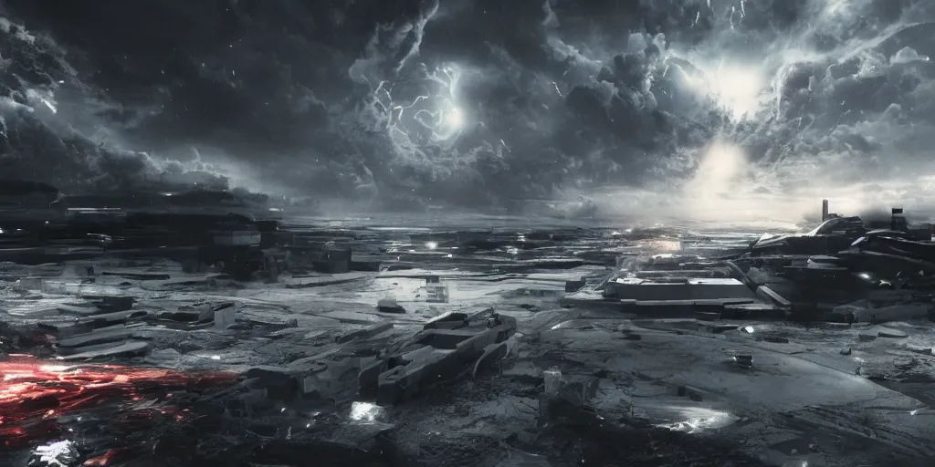 Image similar to violent catastrophic future ominous cinematic ultrawide