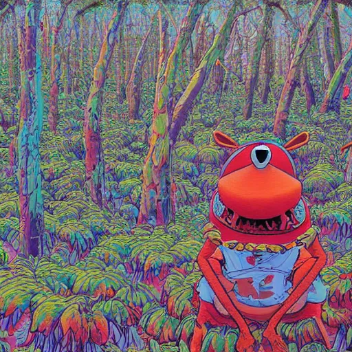 Image similar to safety cones scattered around an oak tree forest, man in muppet sasquatch sri lankan mask costume dancing in the distance, by james jean, miyazaki, hyper detailed surrealist painting