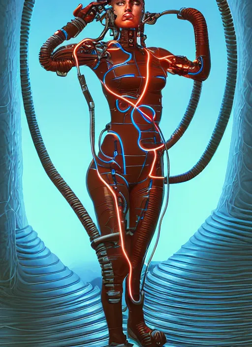 Image similar to a cyborg woman connected by cables bathed in a liquid by Michael Whelan and Tristan Eaton, highly detailed, trending on artstation