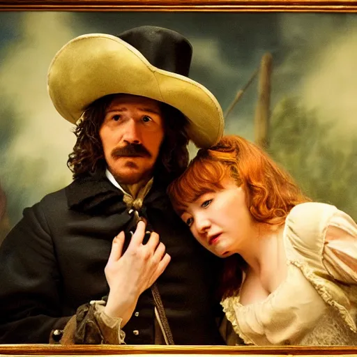 Image similar to Cyrano de Bergerac and Roxanne (Haley Bennet), are looking a teach other hand romantically. dramatic, high contrast, romantic, theatrical, lumnious, cinematic lights, oil canvas by Csók István, Munkácsi and Hollósy Simon