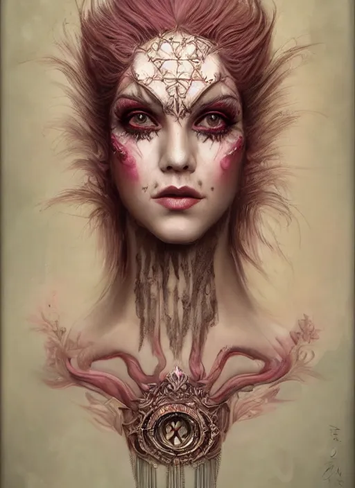 Image similar to portrait of pink vampire, symmetric, facepaint facepaint facepaint, intricate jewelry, trending on artstation 4 k, high quality, in the style of karol bak and tom bagshaw, tattoos