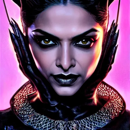 Image similar to beautiful young deepika padukone as catwoman, closeup, d & d, fantasy, intricate, elegant, highly detailed, digital painting, artstation, concept art, matte, sharp focus, illustration, art by artgerm and greg rutkowski and alphonse mucha