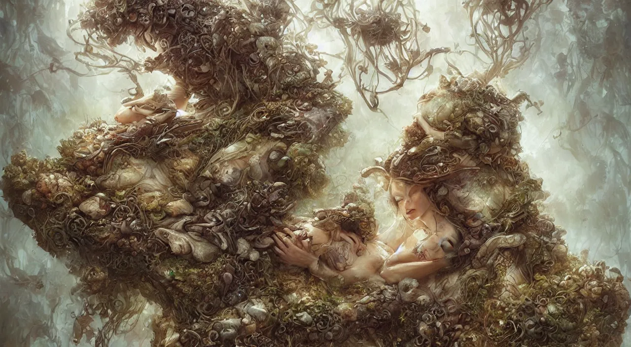 Prompt: pretty sleeping woman with mushrooms as camouflage, by ellen jewett, tomasz alen kopera and justin gerard : 3