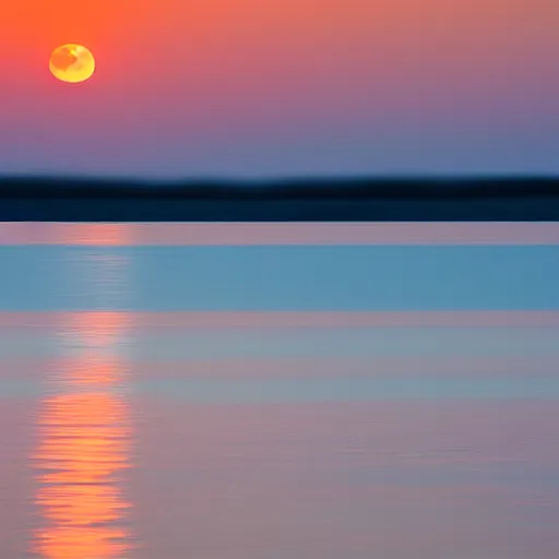 Prompt: orange full moon rising over the lake horizon at night, photograph, iso 1 0 0 0