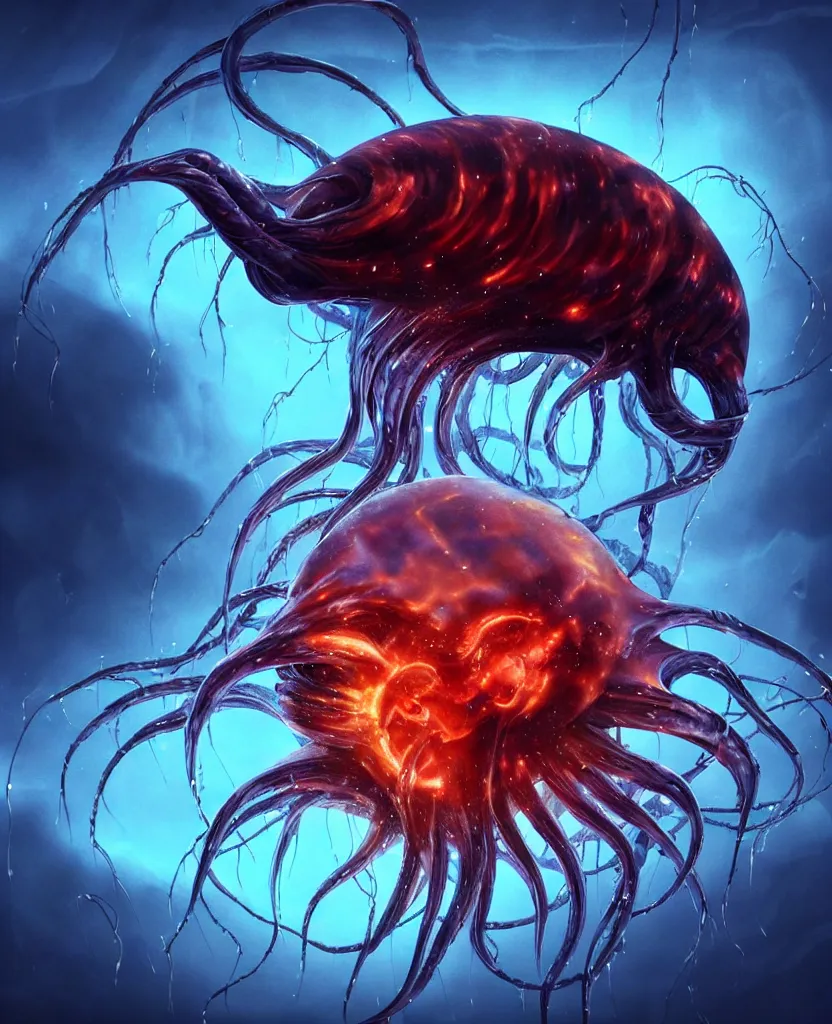 Image similar to The Thing (John Carpenter), epic angle and pose, symmetrical artwork, 3d with depth of field, blurred background, cybernetic jellyfish female face skull phoenix bird, translucent, nautilus, energy flows of water and fire. a highly detailed epic cinematic concept art CG render. made in Maya, Blender and Photoshop, octane render, excellent composition, cinematic dystopian brutalist atmosphere, dynamic dramatic cinematic lighting, aesthetic, very inspirational, arthouse. y Greg Rutkowski, Ilya Kuvshinov, WLOP, Stanley Artgerm Lau, Ruan Jia and Fenghua Zhong