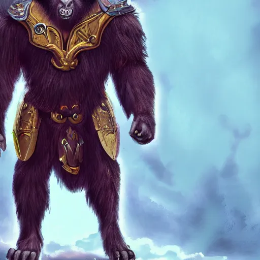 Prompt: fury art, an anthro ape wearing a large cape and a fantasy armor, colorful background, 3 d, 8 k, extremely detailed, trending on furaffinity, trending on artstation, award winning, sharp focus, illustration