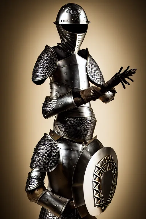 Image similar to medieval female knight, armor design by louis vuitton in collaboration with versace, no helmet, symmetrical, cinematic, elegant, demonic atmosphere, professional studio light, real dlsr photography, sharp focus, 4 k, ultra hd, sense of awe