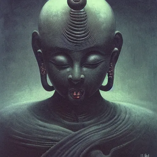 Image similar to naraka buddhist demon korean female, surrounded by black energy, dystopian surrealism, beksinski, symmetrical long head, smooth marble stone surfaces, deep aesthetic