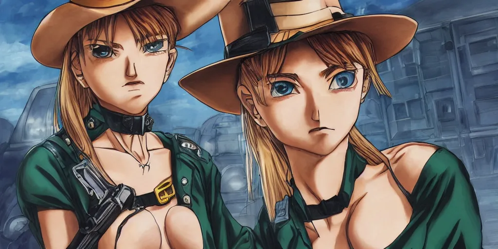 Image similar to portrait, complexity, global lighting, detail, ultra sharpness, beautiful female sheriff body from games yoshihiro togashi style, big eyes, plump lips, a gunshot, global lighting, western saloon theme, detailed faces, blank faces, style yoshihiro togashi style.