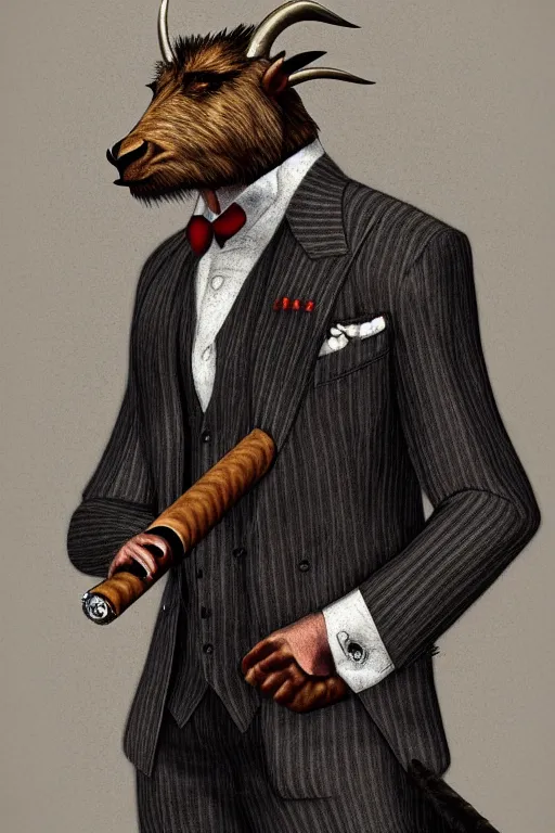 Image similar to beautiful portrait commission of a male furry anthro mountain goat wearing a pinstripe suit and waistcoat, smoking a cigar, award-winning, detailed, trending on artstation