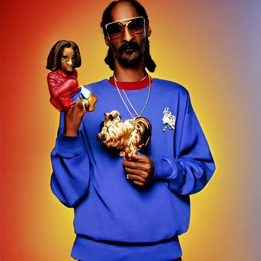 Image similar to Snoop Dogg holding a small statue of Snoop Dogg for a 1990s sitcom tv show, Studio Photograph, portrait, C 12.0