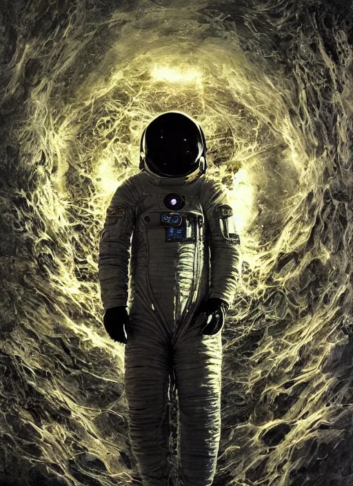 Image similar to detailed astronaut suit in dark void underwater - complex and hyperdetailed suit. reflection and dispersion materials. rays and dispersion of light. glowing lights. volumetric light. f / 3 2. noise film photo. flash photography. ultra realistic, wide angle. poster by wayne barlowe, hajime sorayama aaron horkey, craig mullins