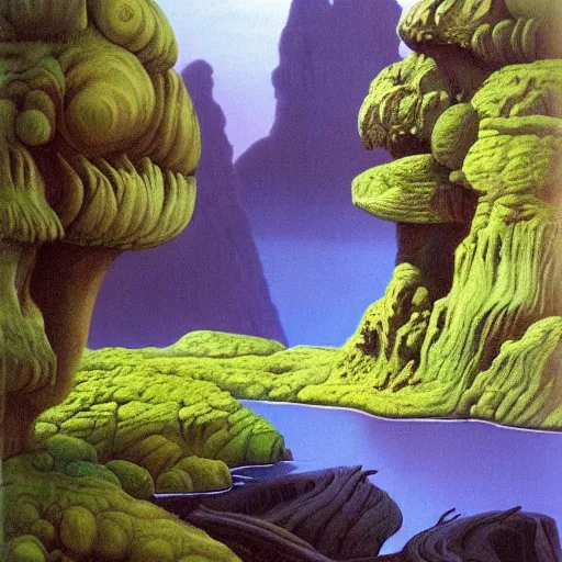 Image similar to painting of a lush natural scene on an alien planet by roger dean. beautiful landscape. weird vegetation. cliffs and water.