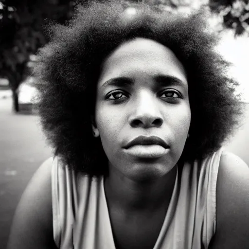 Image similar to portrait, extreme close up, sepia, light - skin young woman, afro hair, stares at the camera, night sky, stars, bruce gilden, leica s, fuji 8 0 0, grainy, low light