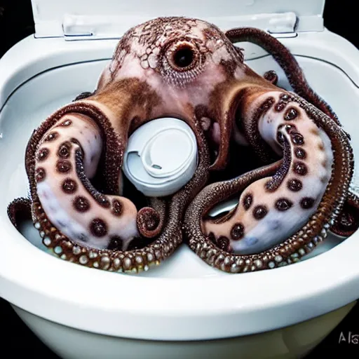 Image similar to an octopus curled up in a toilet