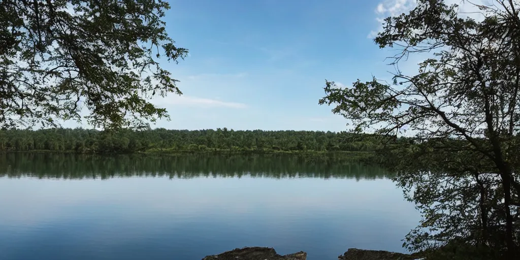 Prompt: lake with black water side view, sky