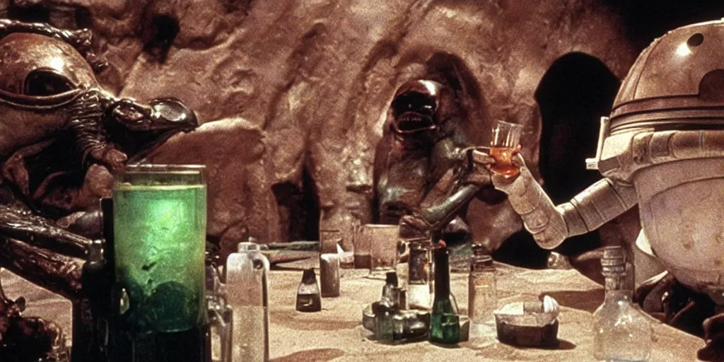 Image similar to still of two aliens having a drink in Mos Eisley Cantina in Star Wars (1977).