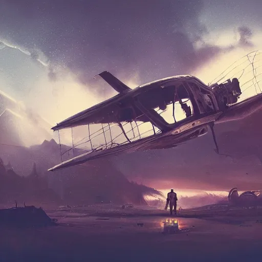 Prompt: a young pilot next to his crashed plane, steampunk, an epic fantasy, dramatic lighting, cinematic, establishing shot, extremely high detail, photorealistic, cinematic lighting, artstation, by simon stalenhag, christopher nolan