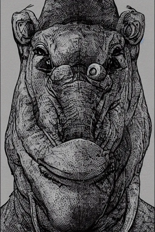 Image similar to portrait of hippo-pelican paladin with kopesh, in the style of Greg Broadmore and Arthur Rackham,trending on artstation, light lighting side view,digital art,surrealism ,macro,blueprint ,vaporwave ,