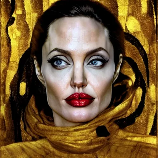 Image similar to an amazing award winning photo of angelina jolie as of adele bloch - bauer by gustav klimt