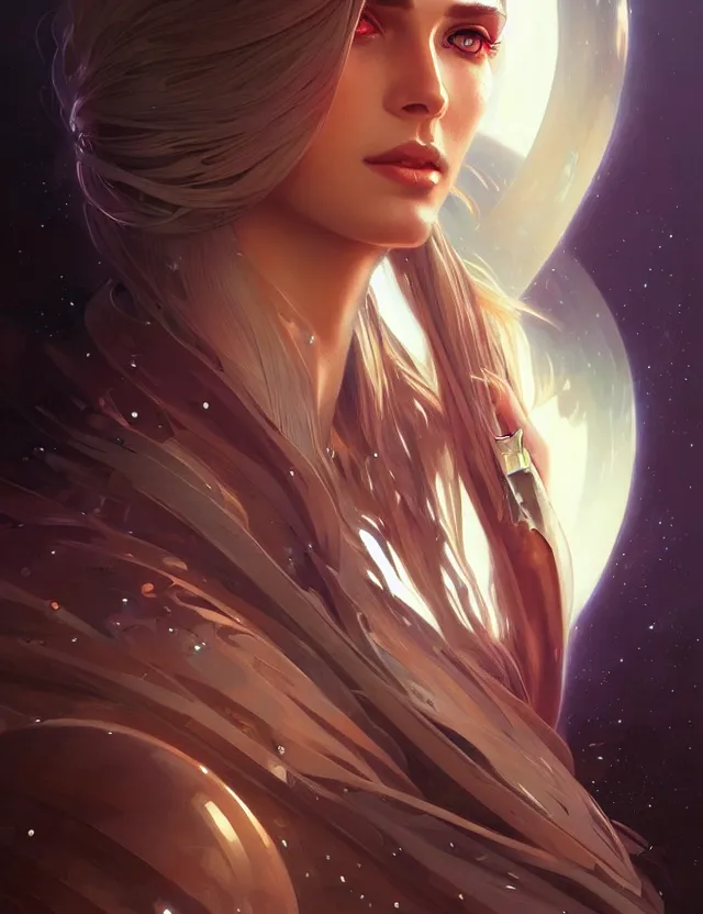 Image similar to futuristic woman portrait, sci-fi, amber eyes, face, long hair, fantasy, intricate, elegant, highly detailed, digital painting, artstation, concept art, smooth, sharp focus, illustration, art by artgerm and greg rutkowski and alphonse mucha