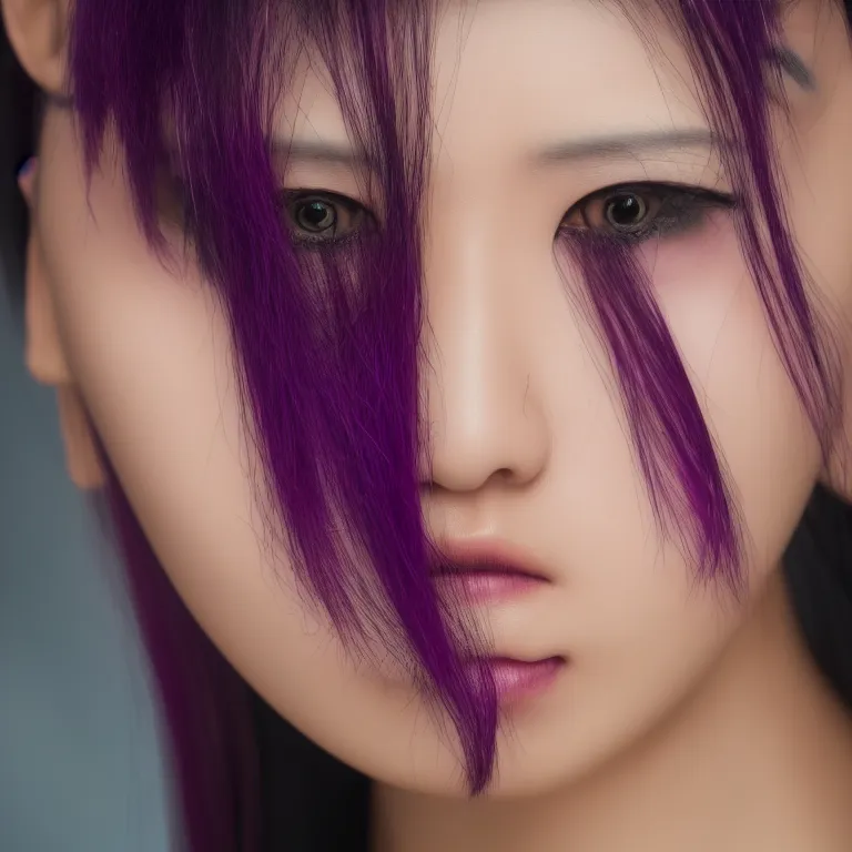 Image similar to Close up portrait of a young Asian Cyberpunk woman with dark purple hair, highly detailed, high quality, HD, 4K, 8K, Canon 300mm, professional photographer, 40mp, lifelike, top-rated, award winning, realistic, sharp, no blur, edited, corrected, trending