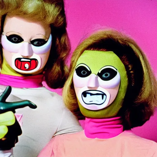 Image similar to 1978 twin women on tv show wearing an inflatable smileymask with a long prosthetic nose and googly eyes, technicolor wearing a leotard at the store 1978 color film 16mm holding a hand puppet Fellini John Waters Russ Meyer Doris Wishman