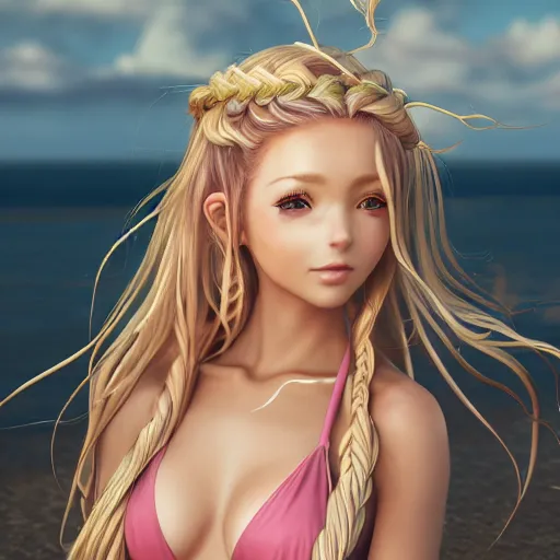 Prompt: a very beautiful anime treant, full body, long braided curly blonde hair, twisted braids, golden watery eyes, full round face, short smile, pale pink bikini, serene beach setting, cinematic lightning, medium shot, mid-shot, highly detailed, trending on artstation, Unreal Engine 4k, cinematic wallpaper by Stanley Artgerm Lau, WLOP, Rossdraws, James Jean, Andrei Riabovitchev, Marc Simonetti, and Sakimichan