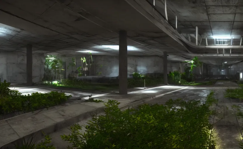 Image similar to screenshot of game on unreal engine 5, in a liminal underground garden, photorealistic, retrofuturism, brutalism, staggered terraces, minimalist, soft vintage glow