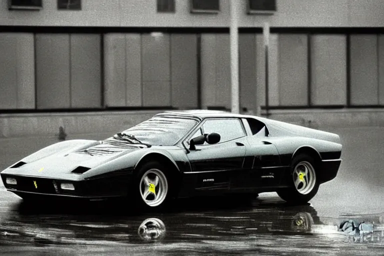 Prompt: 1982 photograph of a single Ferrari GTO, raining, wet and reflective, movie still, cinematic Eastman 5384 film