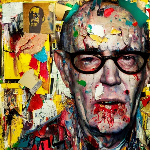 Image similar to hyperrealistic, photorealistic, mixed media oil painting of hunter s thompson, magazine scraps, plaster, blood, oil, mustard, splatter, greg rutkowski, basquiat, ralph steadman, terry gilliam