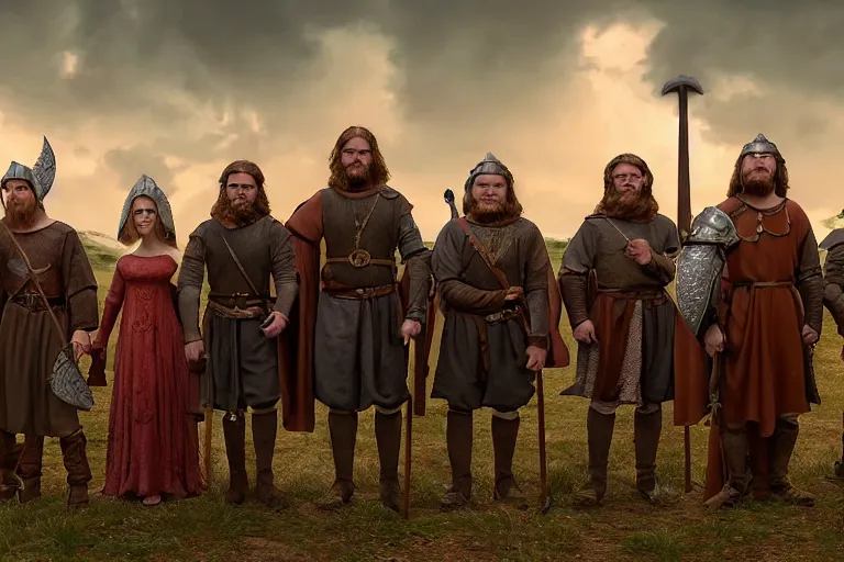 Prompt: A group of medieval high fantasy adventurers lined up for a portrait, Screenshot of Wes Anderson's New RPG Movie, Photo realistic, Regal, Formal, Symmetrical, Satisfying, Dynamic lighting, Highly Detailed, Cinematic Lighting, 8k, HD