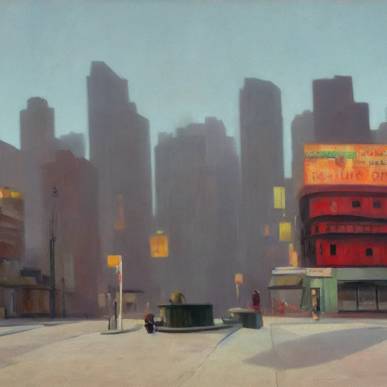 Image similar to trash flowing everywhere, piles of trash, city fog, early morning, , painted by Edward Hopper, painted by Wayne Barlow, airbrush