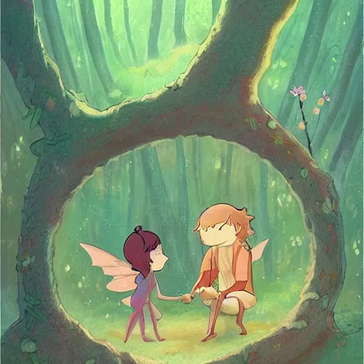 Image similar to a faerie and firefly couple living inside a hollow in a tree, masterpiece soft focus painting by kerascoet by marie pommepuy and sebastien cosset by studio ghibli, dynamic lighting