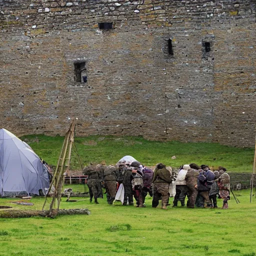 Prompt: an army camped around a medieval castle, trebuchet and other artillery at the ready, 1200s, English country side, cloudy and rainy,