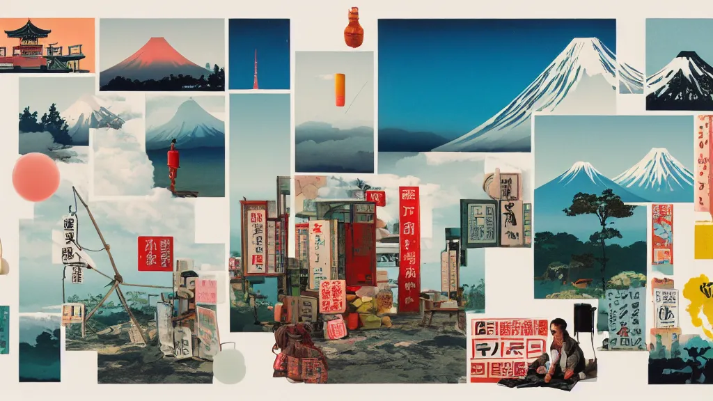 Image similar to an arrangement of adventure traveller props, japan, a collage painting, in the style of wes anderson, lola dupre, david hockney, isolated on negative white space background dark monochrome neon spraypaint accents volumetric octane render