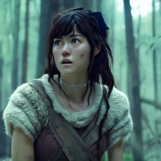 Image similar to mary elizabeth winstead as live action princess mononoke, still frame, sharp focus, cinematic, filmic