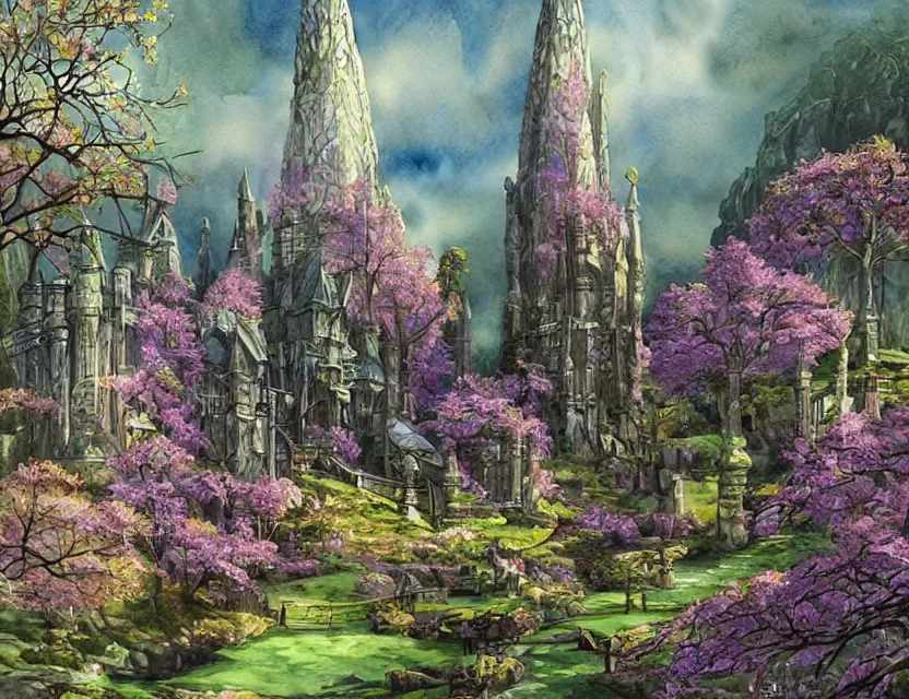 Prompt: futuristic scifi elven castle in springtime. this watercolor painting by the award - winning comic artist has interesting color contrasts, plenty of details and impeccable lighting.