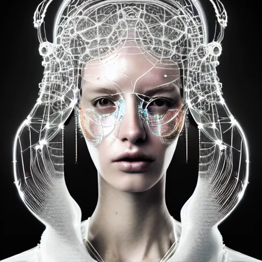 Image similar to portrait of an absurdly beautiful, graceful, sophisticated, fashionable cyberpunk mechanoid, hyperdetailed illustration by irakli nadar, matt wisniewski style, intricate linework, white porcelain skin, iridescent fractal headdress, day - glow facepaint, jellyfish led electronic ruff neckware, unreal engine 5 highly rendered, global illumination, radiant light, detailed and intricate environment