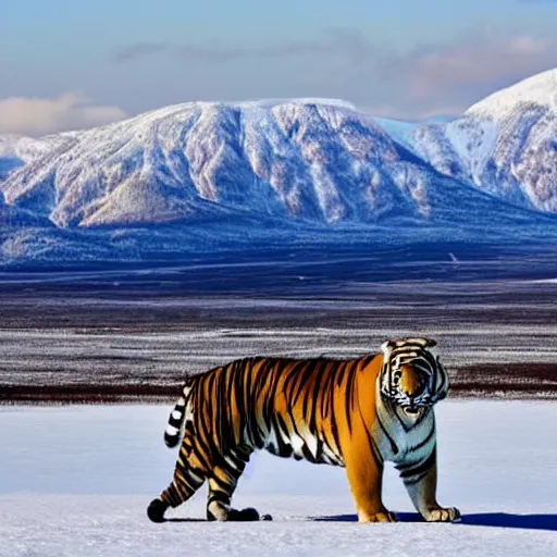 Prompt: arctic landscape wide angle, mountains fully covered in snow in the background, a tiger in the middle looking at the mountains - w 7 9 6 - n 6