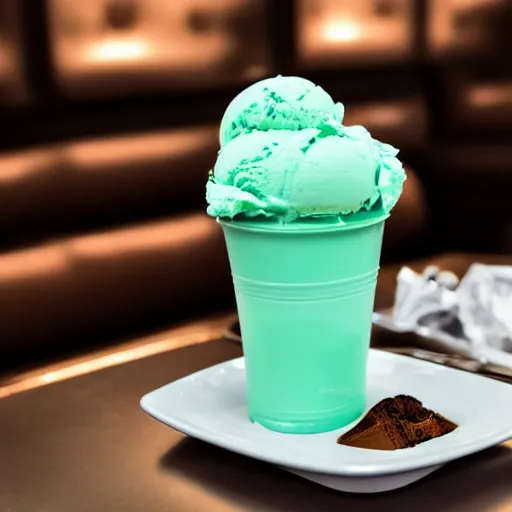 Prompt: high res mint ice cream sitting on a table in a futuristic diner 4k