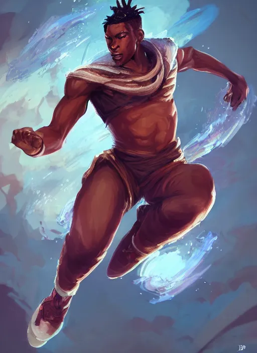 Image similar to a highly detailed illustration of attractive young african fire god with flat top hair, wearing track and field suit, heroic jumping pose, intricate, elegant, highly detailed, centered, digital painting, artstation, concept art, smooth, sharp focus, league of legends concept art, wlop