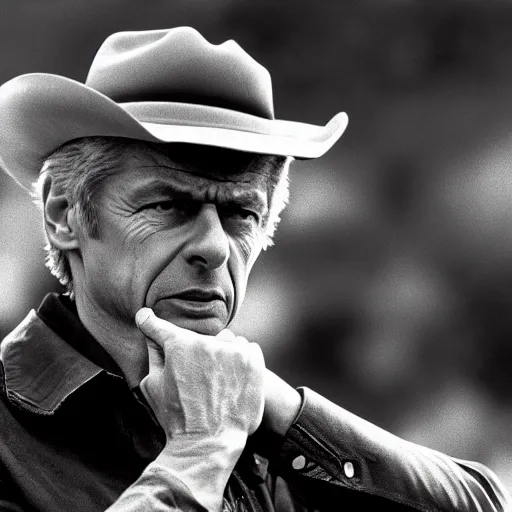 Image similar to Arsene Wenger as a Cowboy, epic quality, sharp focus, western, movie still, 8k, yellow tint, dramatic,