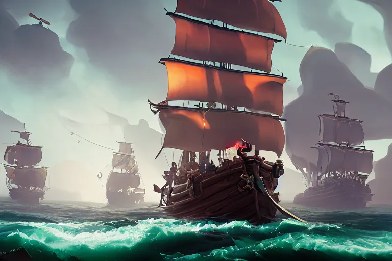 Prompt: sea of thieves athena's legends pirates on a galleon, fantasy, digital painting, volumetric light, intricate, sharp, focus, bloom, illustration, highly detailed, concept art, matte, ruan jia, randy vargas, greg rutkowski