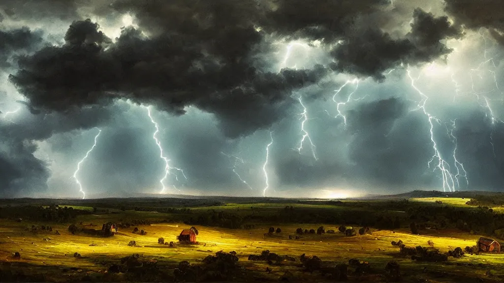 Image similar to the most beautiful panoramic landscape, oil painting, rain on a farm, menacing clouds, night, lightning, cinematic lighting, highly detailed, very realistic